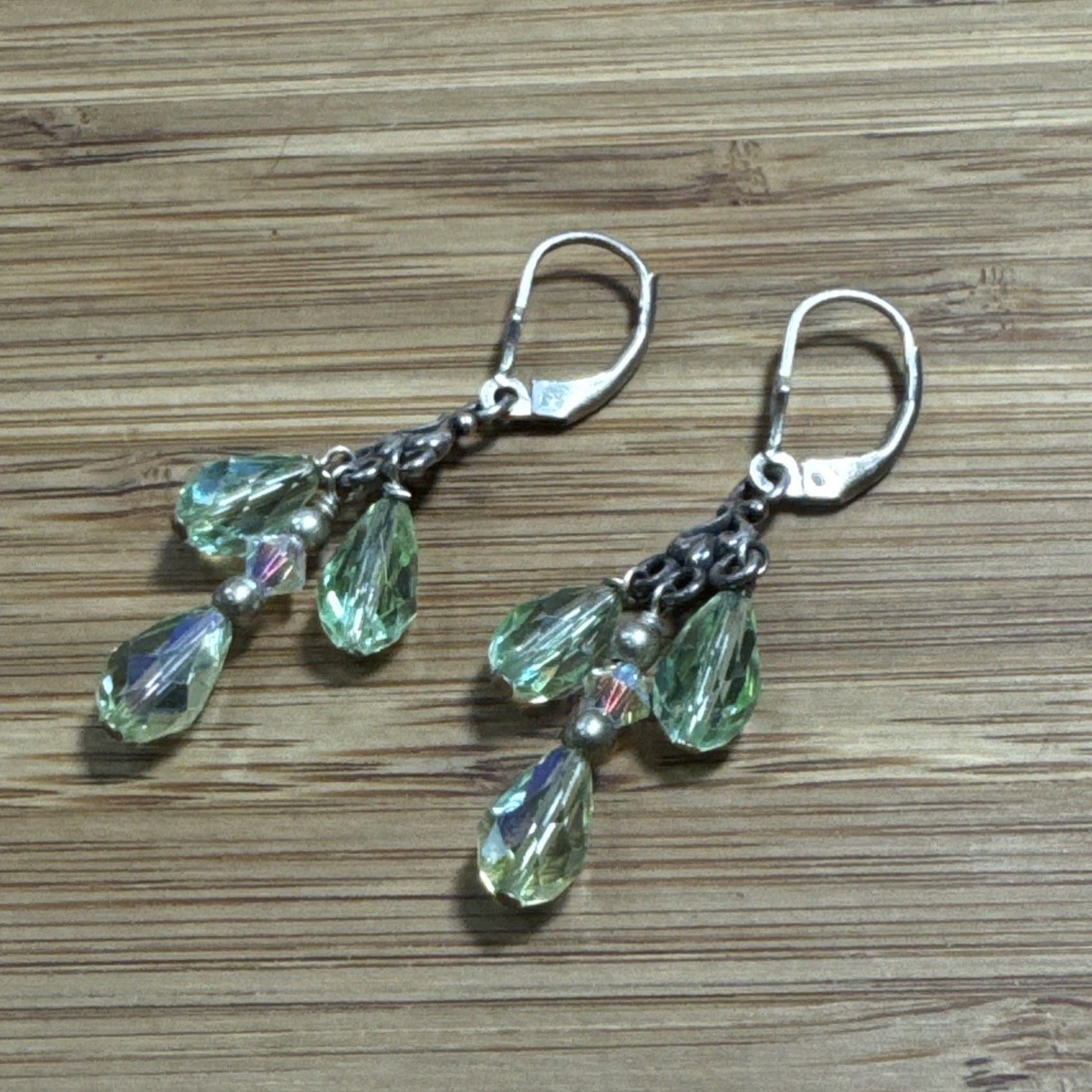 925 Sterling Silver Green AB Crystal Teardrop Dangle Leverback Earrings 2