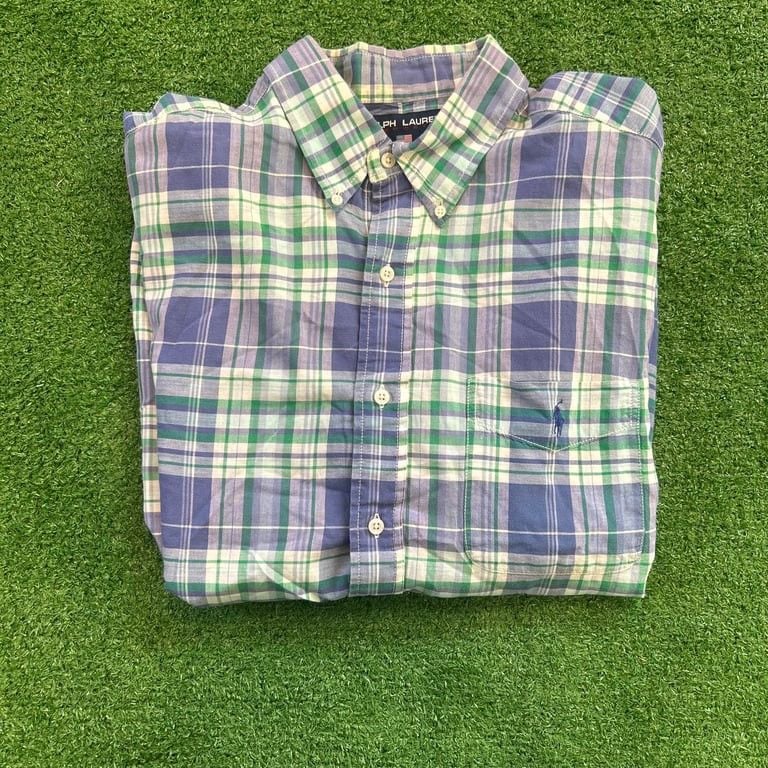Ralph Lauren Sport Plaid patterned green and blue Short Sleeve button up dress Shirt 3
