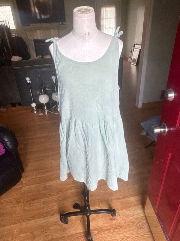 Romwe Sage Green Shoulder Tie Babydoll Mini Dress 2