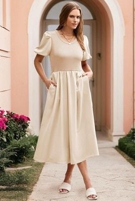 AlvaQ Women Dress Spring Summer Puff Sleeve Midi Dress High Waist Ruffle-SIZE S 4