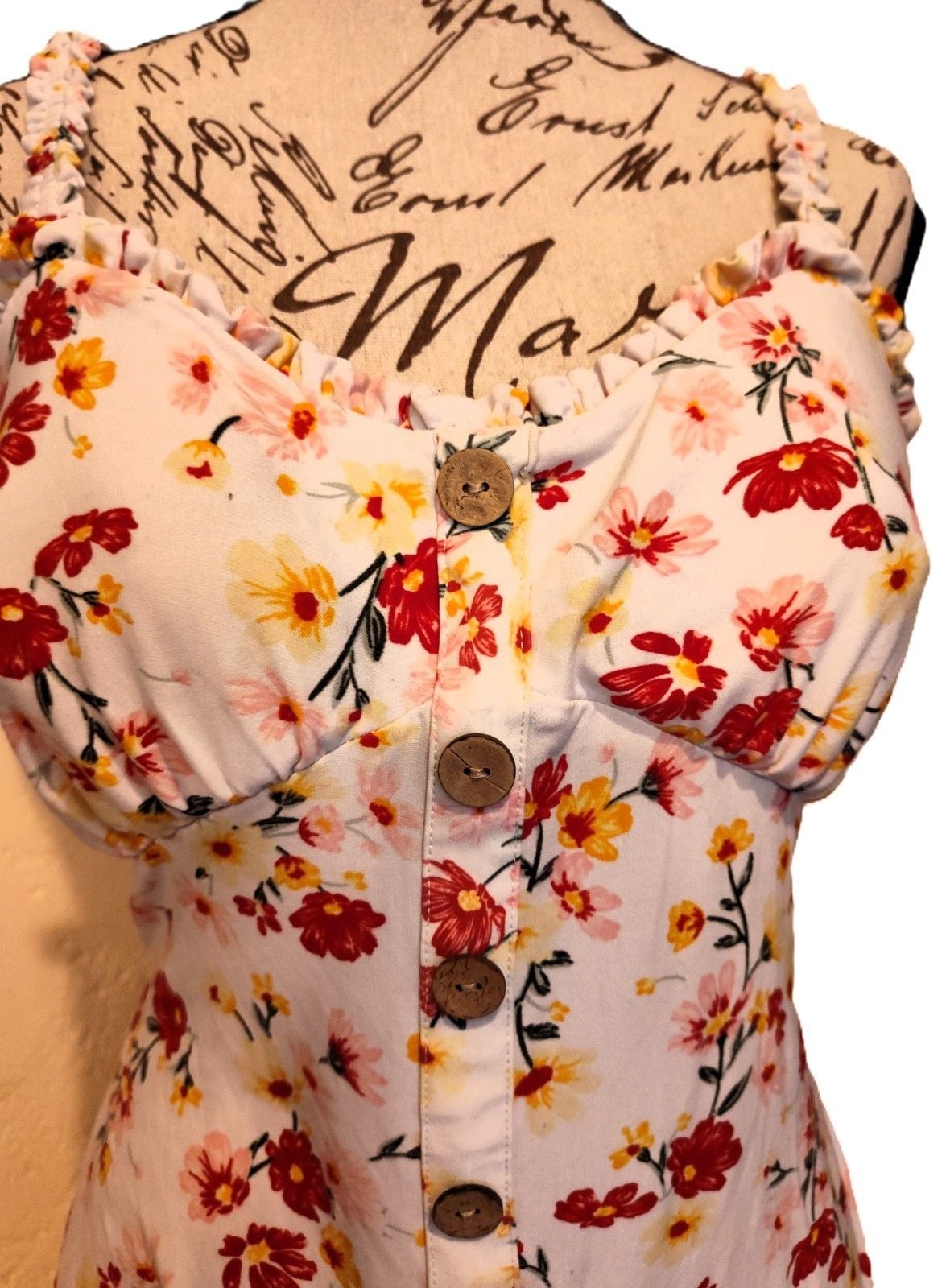 Cottagecore Cream Mini Sundress Floral Print, Sweetheart Neckline Sz L 11-13 3