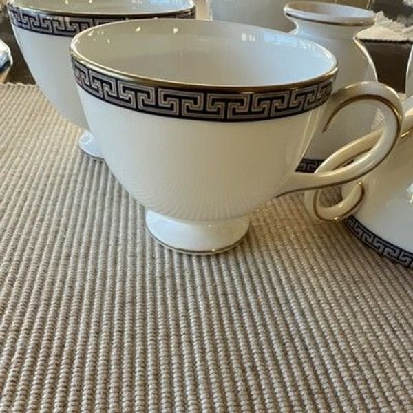 Set of 6 Wedgwood Bone China Cup Blue Greek Key Border Made in England