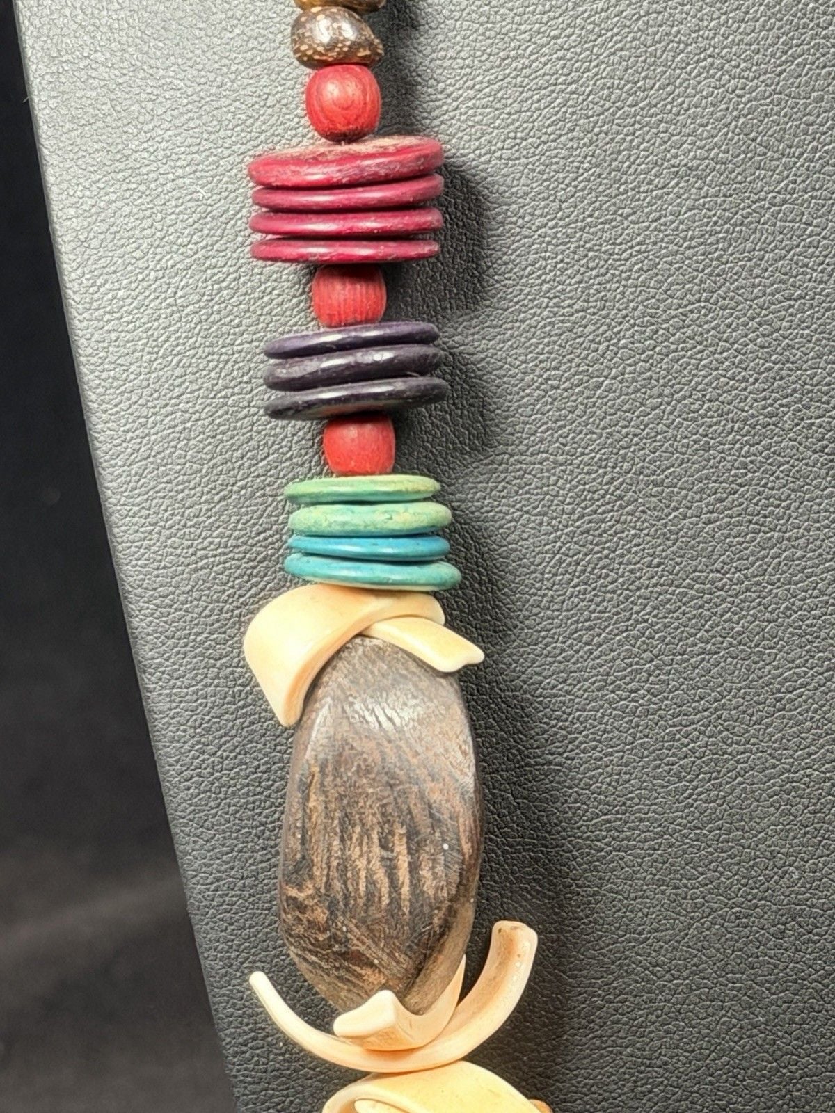 Vtg Boho Natural Coconut Shell Disc Heishi Bead Wooden Tribal Statement Necklace 5