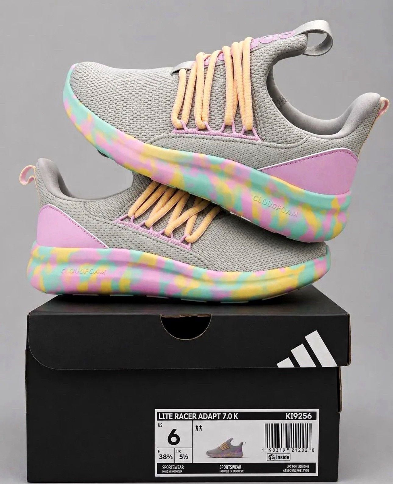 adidas Lite Racer Adapt 7.0 K Gray/Multicolor Slip On Mesh US 6 KI9256 2