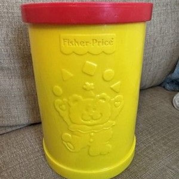 Fisher-Price Vintage 1977 Yellow Shape Sorter Bucket w/ Lid & Blocks