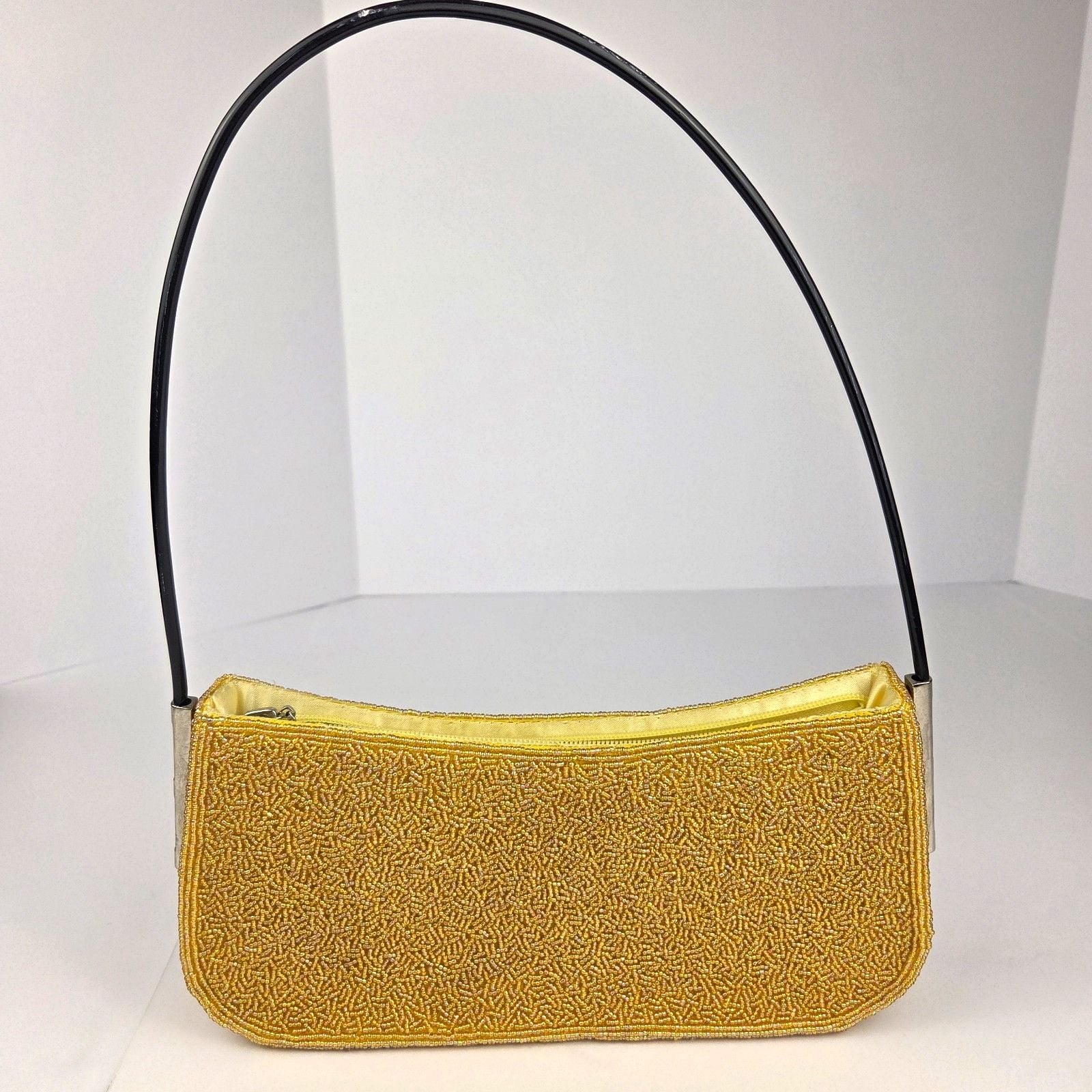 Vintage Yellow Glass Seed Beaded Baguette Shoulder Bag 1960s Mod Evening 2