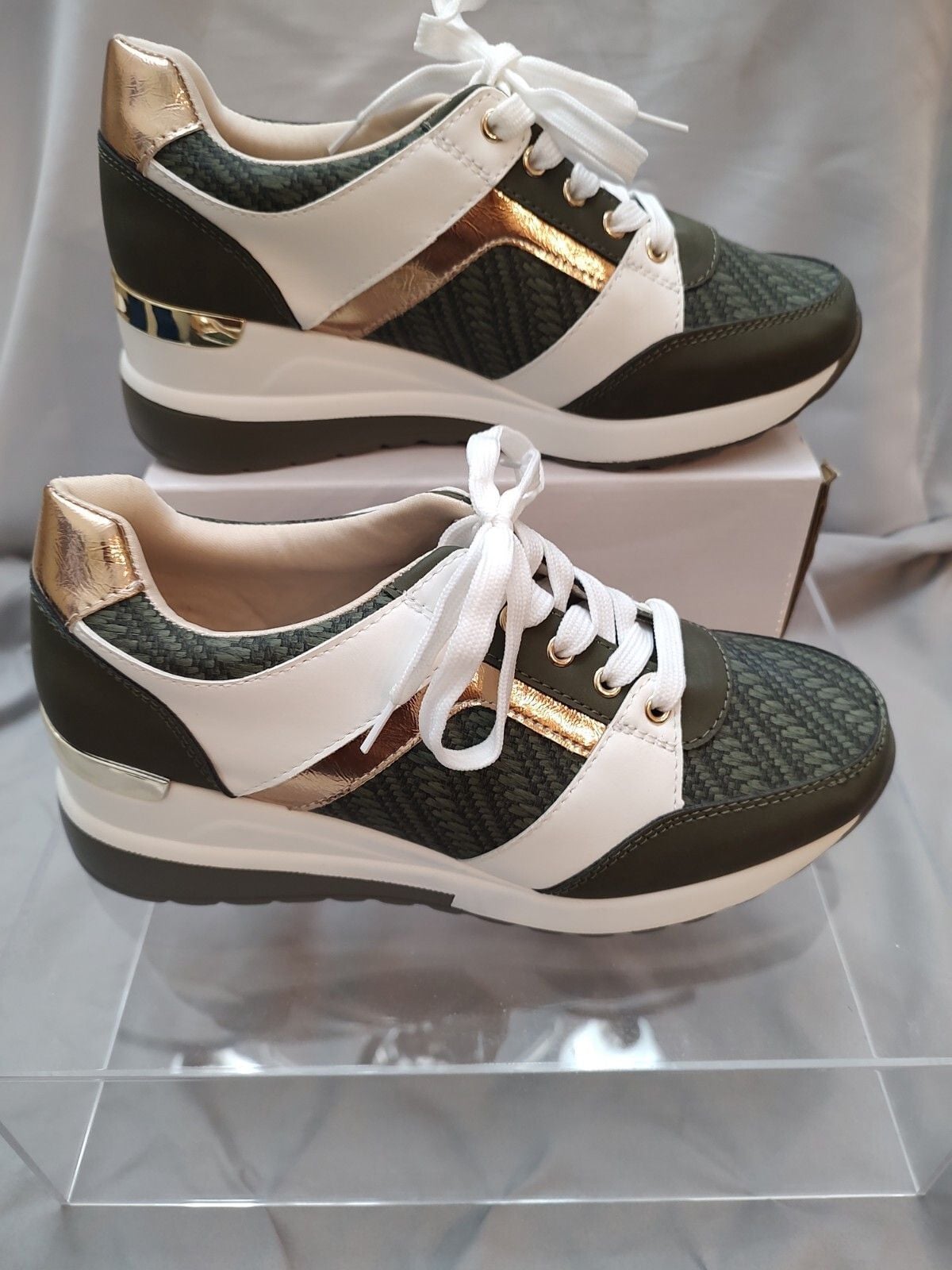 Women’s Green Wedge Sneakers White Rose Gold Lace Up Hidden Heel Fashion Shoes 11