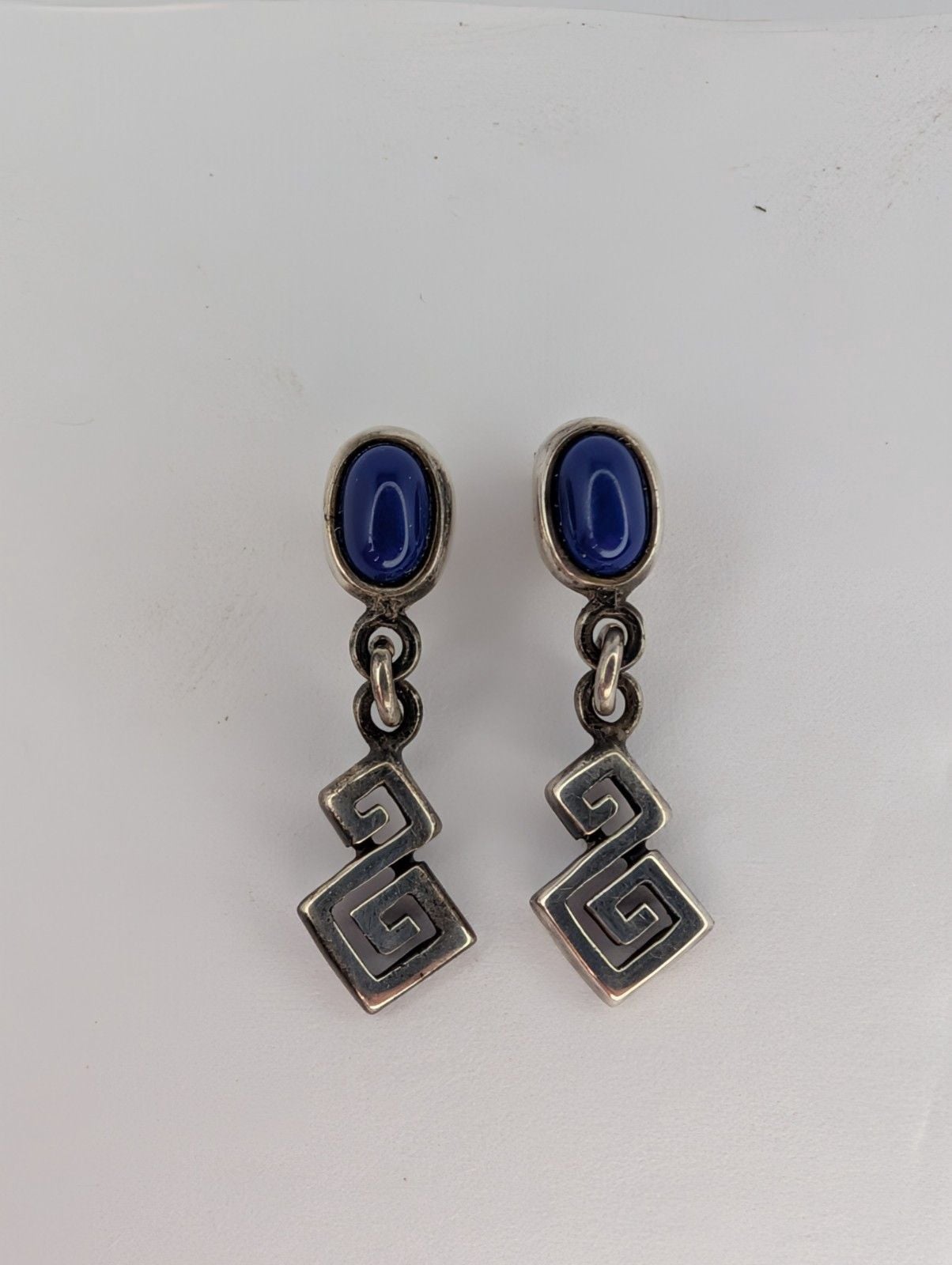 Sterling Silver 925 Greek Key Lapis Lazui Stud Earrings 2