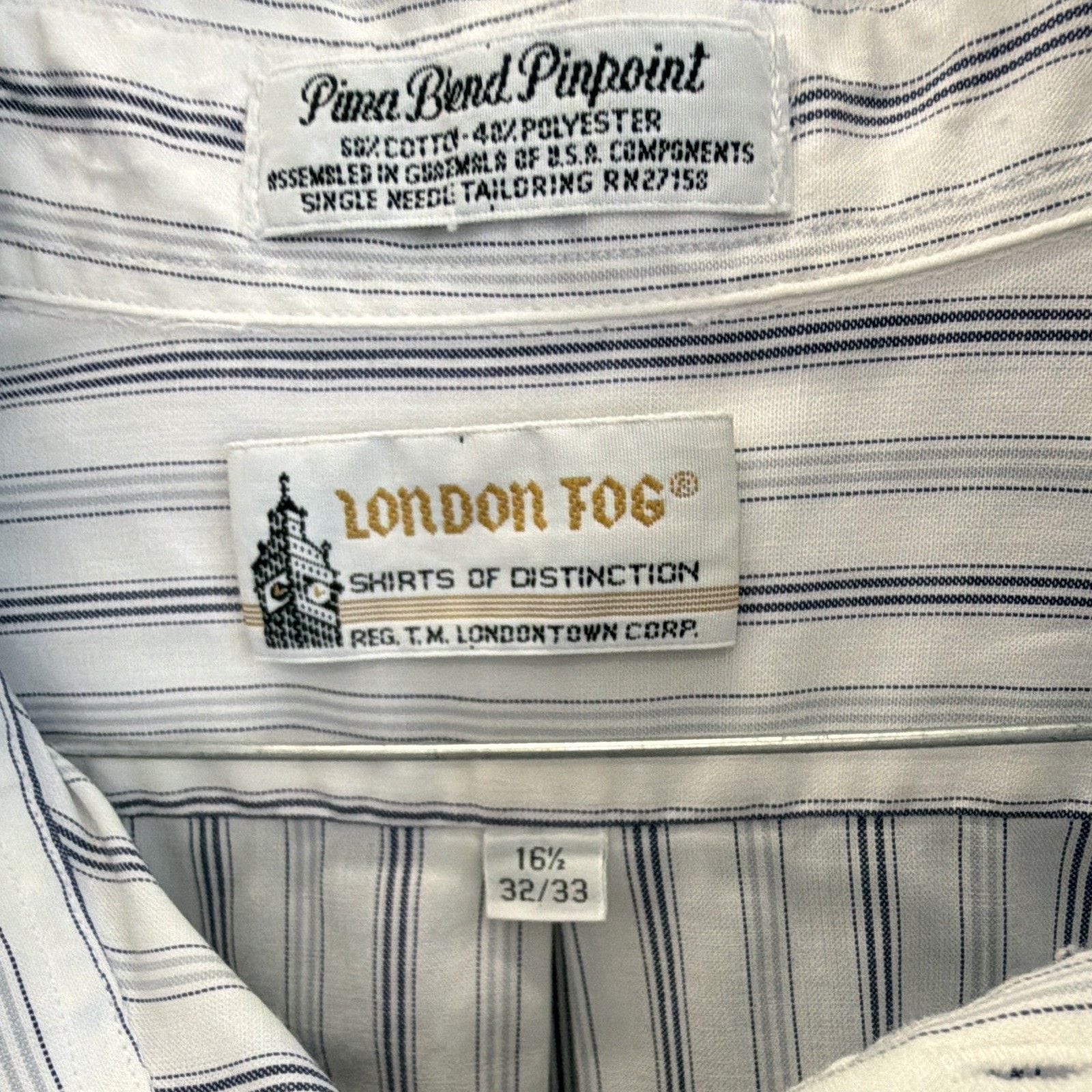 London Fog Men's 16.5 32/33 White/Blue Striped Dress Shirt Button Cotton Blend 3