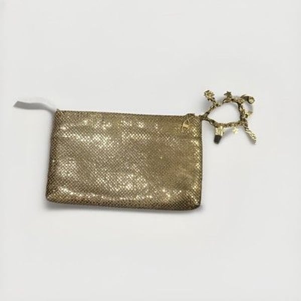 Elegant Gold Mesh Clutch Purse with Star & Moon Charm Bracelet – Evening Bag
