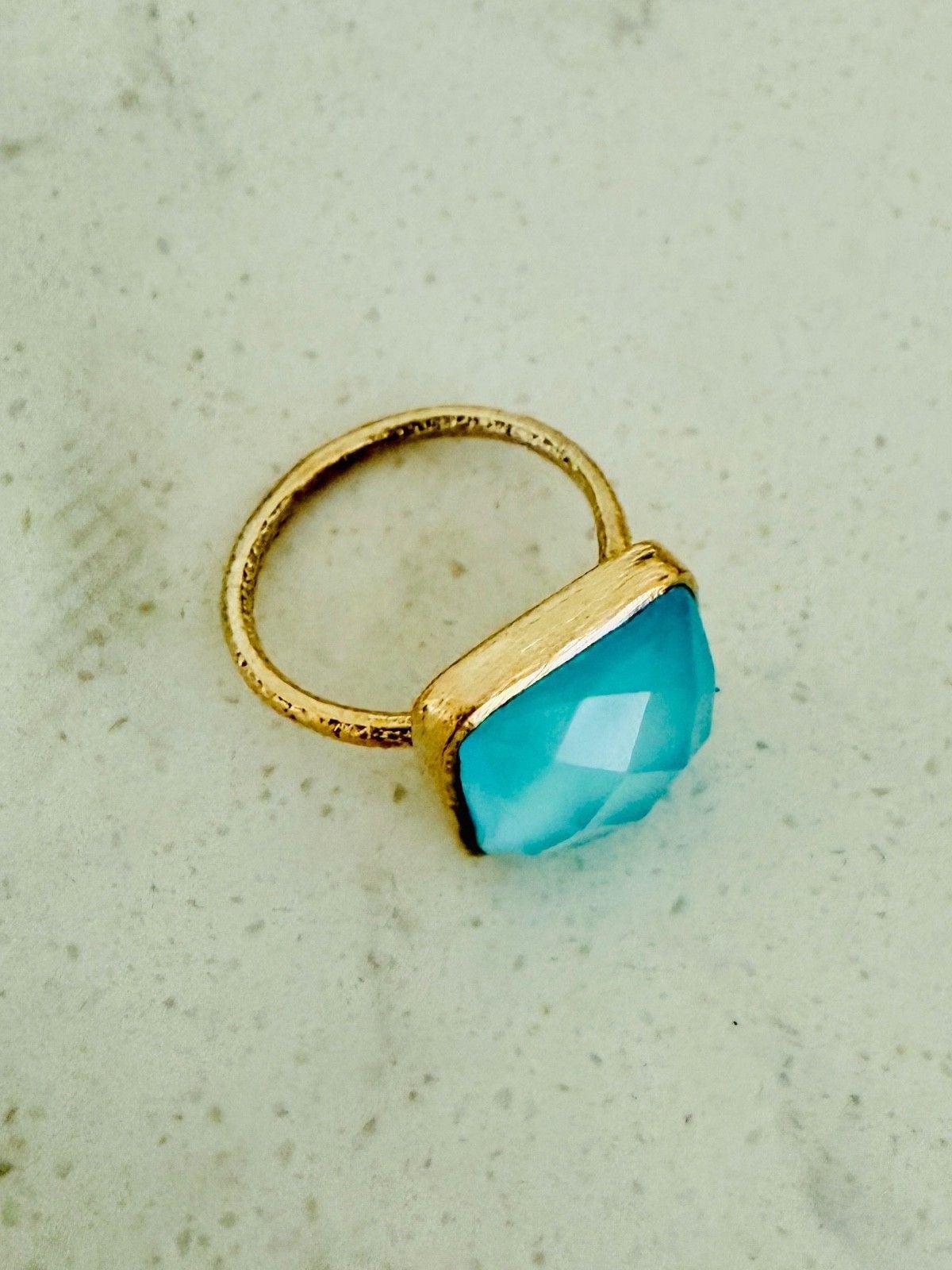 925 Sterling Silver Gold Vermeil Aqua Chalcedony Cushion Cut Statement Ring | Fa 11