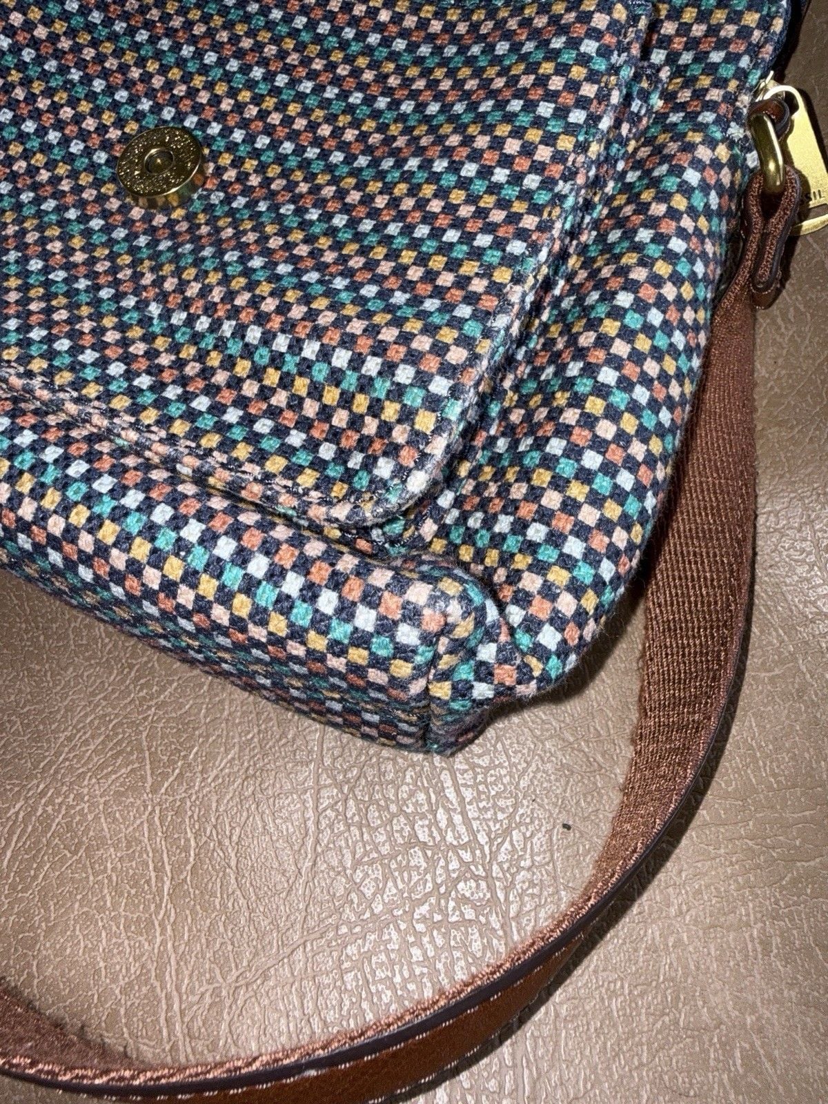 Fossil Women's Crossbody Bag Brown Leather Multicolor Checkered Accent 11