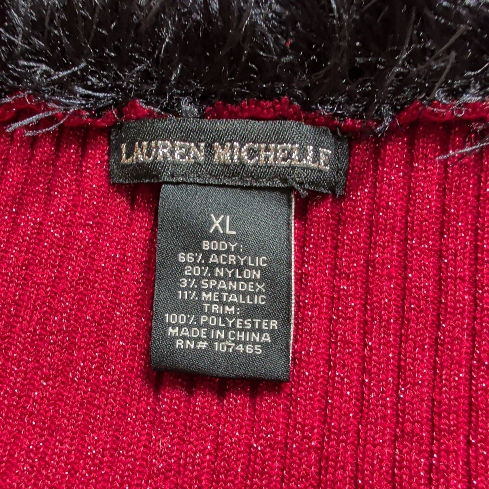Lauren Michelle Red Black Knit Open Front Faux Fur Trim Cardigan Sweater XL 8