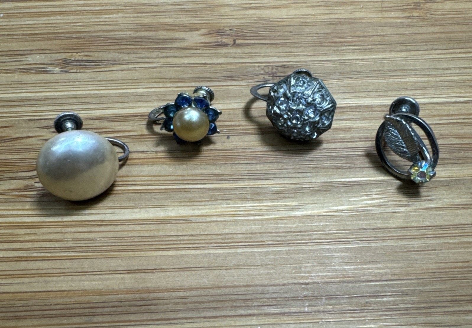 Vintage Sterling Silver Single Earrings Lot of 4 Screw Back Pearl Rhinestone 1