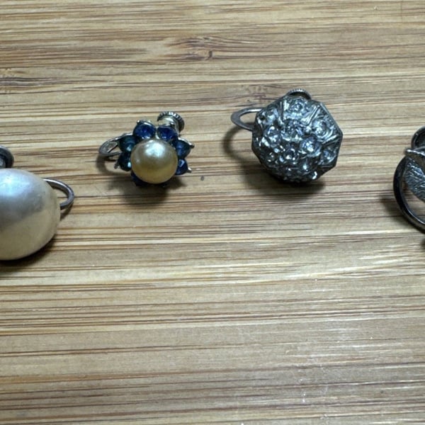 Vintage Sterling Silver Single Earrings Lot of 4 Screw Back Pearl Rhinestone