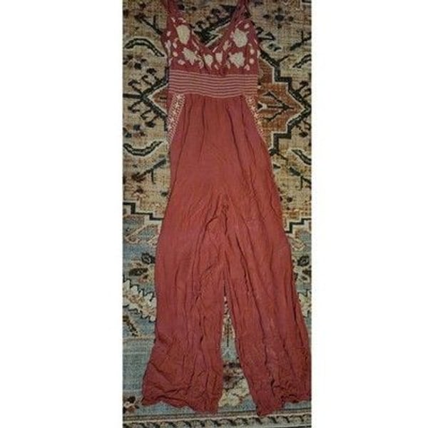 American Eagle Embroidered Smocked Wide Leg Jumpsuit Rust Terracotta Boho Small