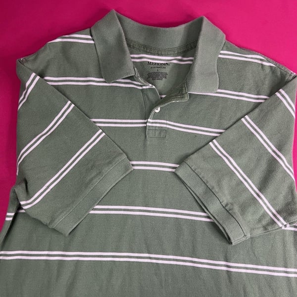 Merona Men's Green/White Striped Knit Long Sleeve Collared Polo Shirt L