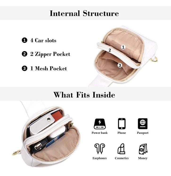 INICAT Anti-Theft RFID Small White Crossbody Sling Bag Faux Leather Gold 3