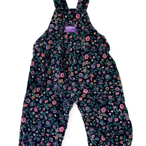 OshKosh B'Gosh 2T Corduroy Floral Overalls Purple Tag Vintage Vestbak Made USA