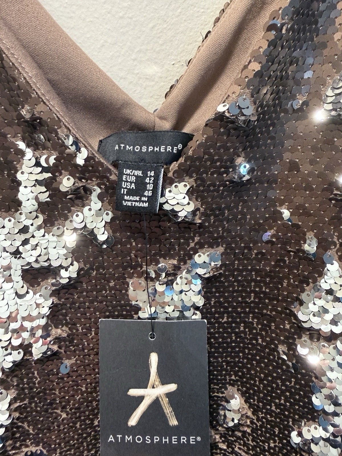 Atmosphere Silver Brown Sequin V-Neck Sleeveless Bodycon Dress Size USA 10 6