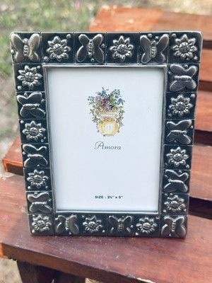 VTG NOS Amora Signed Pewter Butterfly Sunflower Geometric Picture Frame 3.5 x 5” 1