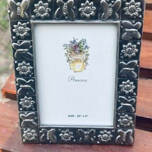 VTG NOS Amora Signed Pewter Butterfly Sunflower Geometric Picture Frame 3.5 x 5”