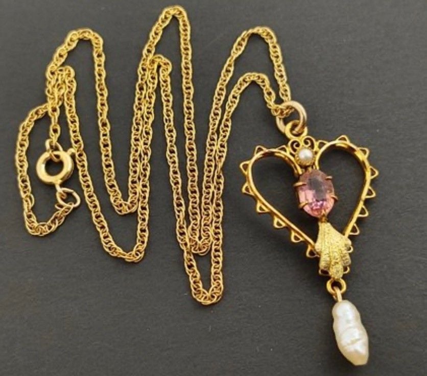 Antique Art Nouveau 12K GF Heart Lavalier Necklace Pink Stone Natural Pearl 5