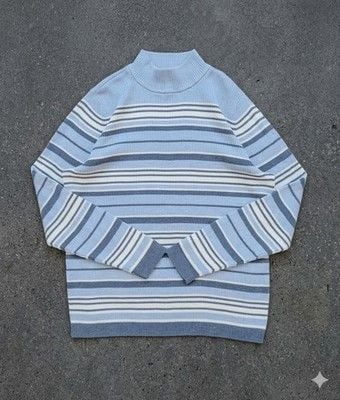 90s Striped Cotton Mock Neck Ribbed Sweater Navy Blue White Size Petite Large 2