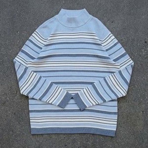 90s Striped Cotton Mock Neck Ribbed Sweater Navy Blue White Size Petite Large