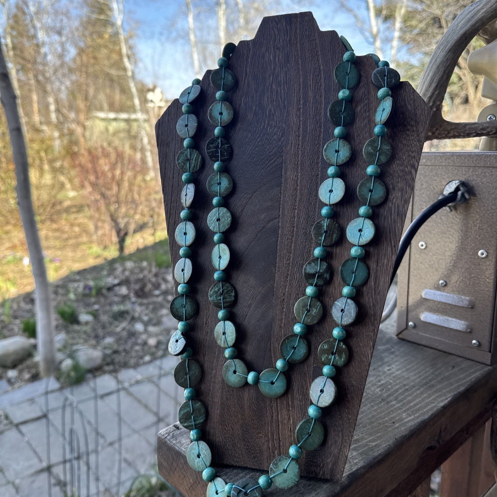 Dyed Coconut Shell Disc Multi Strand Turquoise Necklace Boho Hippie Beach Summer 3
