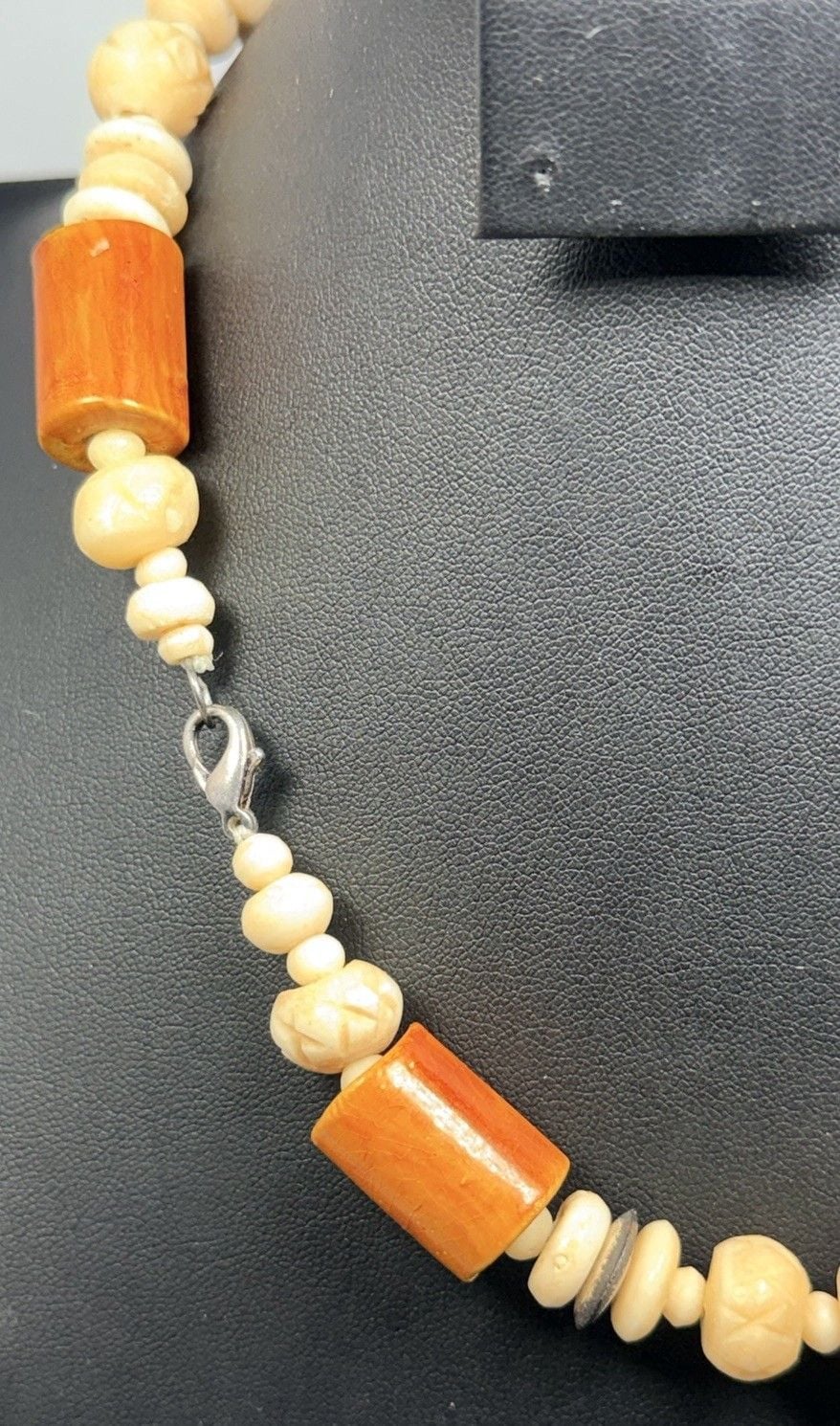 Vtg Carved Bovine Bone Necklace Marbled Orange Bakelite Ethiopian Silver Boho 7