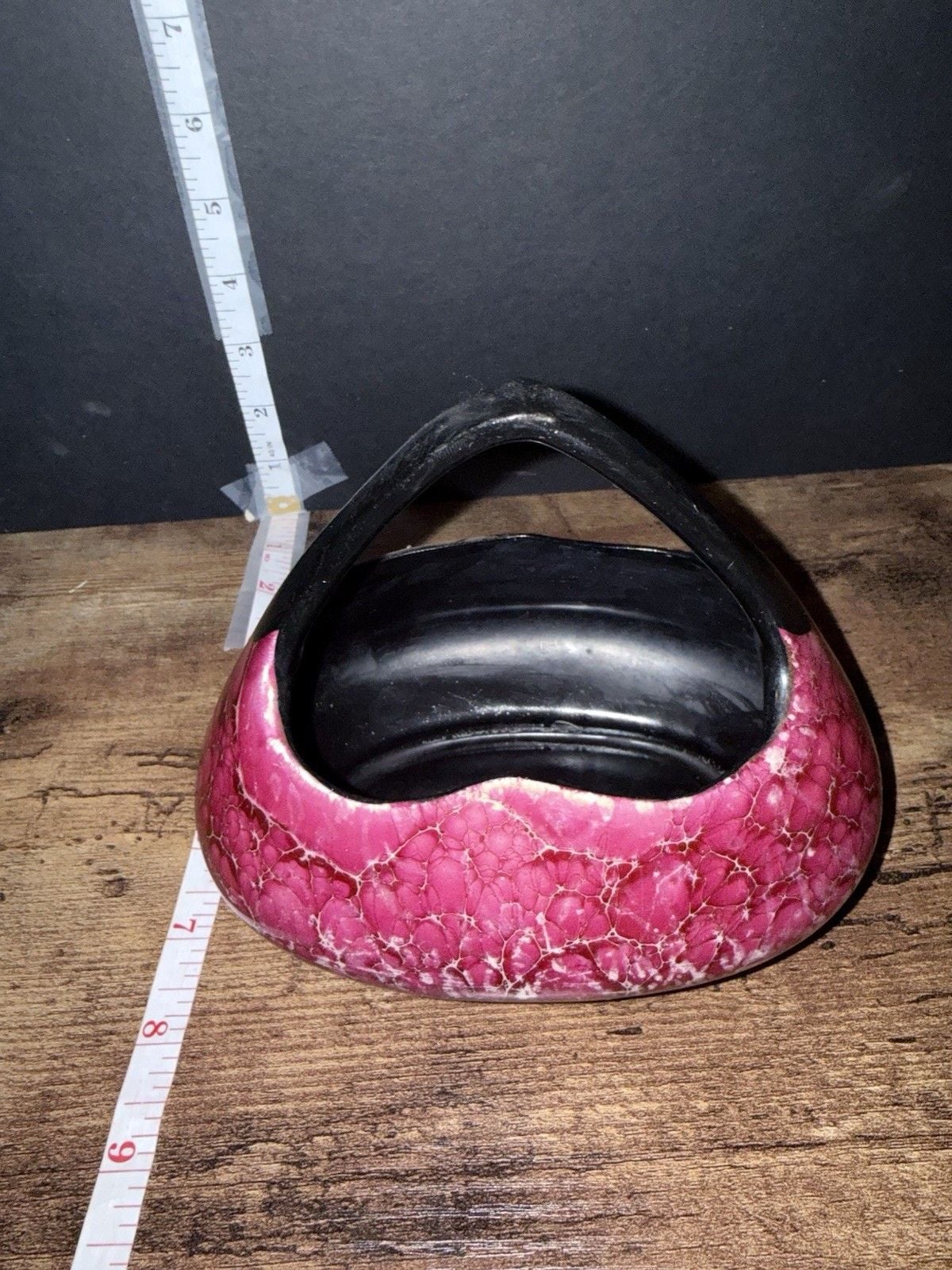 Ceramarte Czechoslovakia Pink Abstract Glossy Ceramic Basket w/ Handle 10" 3
