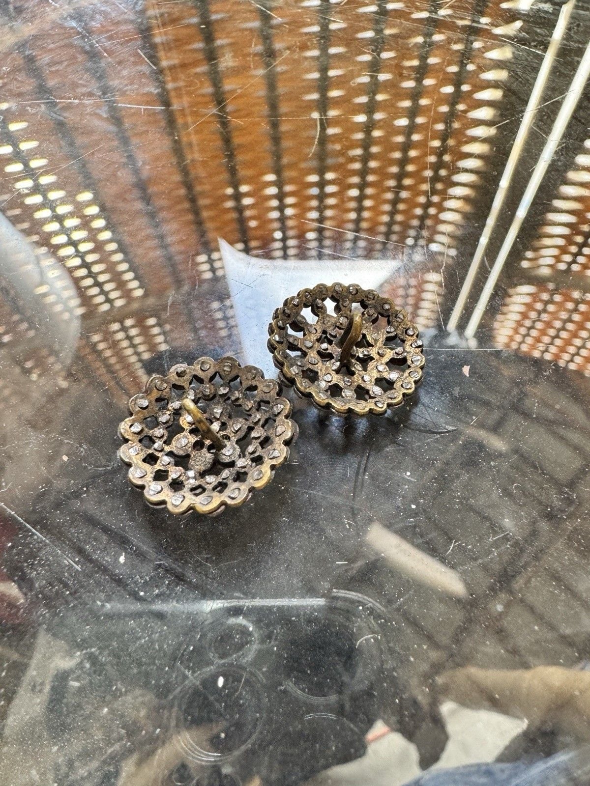 Antique Cut Steel Buttons Pair Riveted Faceted Metal Openwork Shank Victorian 2