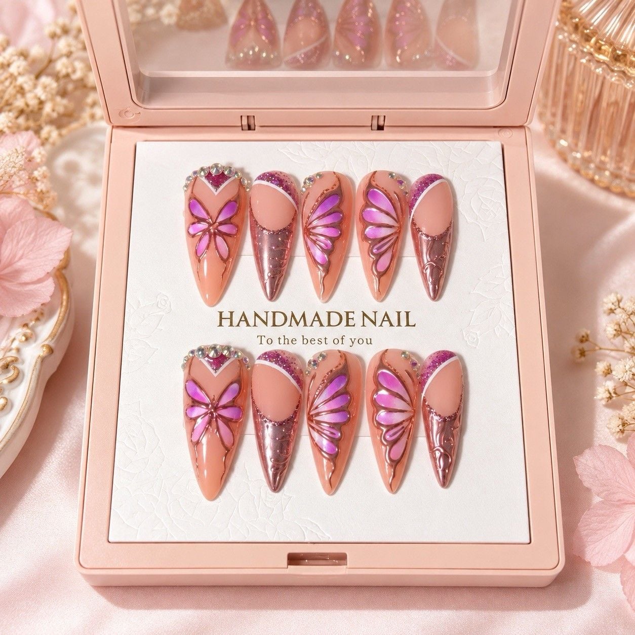 Reusable Pink Butterfly Press On Nails Size L Long Stiletto Rhinestone Set #004 1