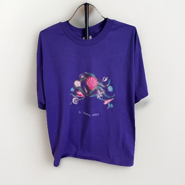 VINTAGE St Thomas Hanes Heavyweight 50/50 Men's Purple Crew Neck T-Shirt XL 