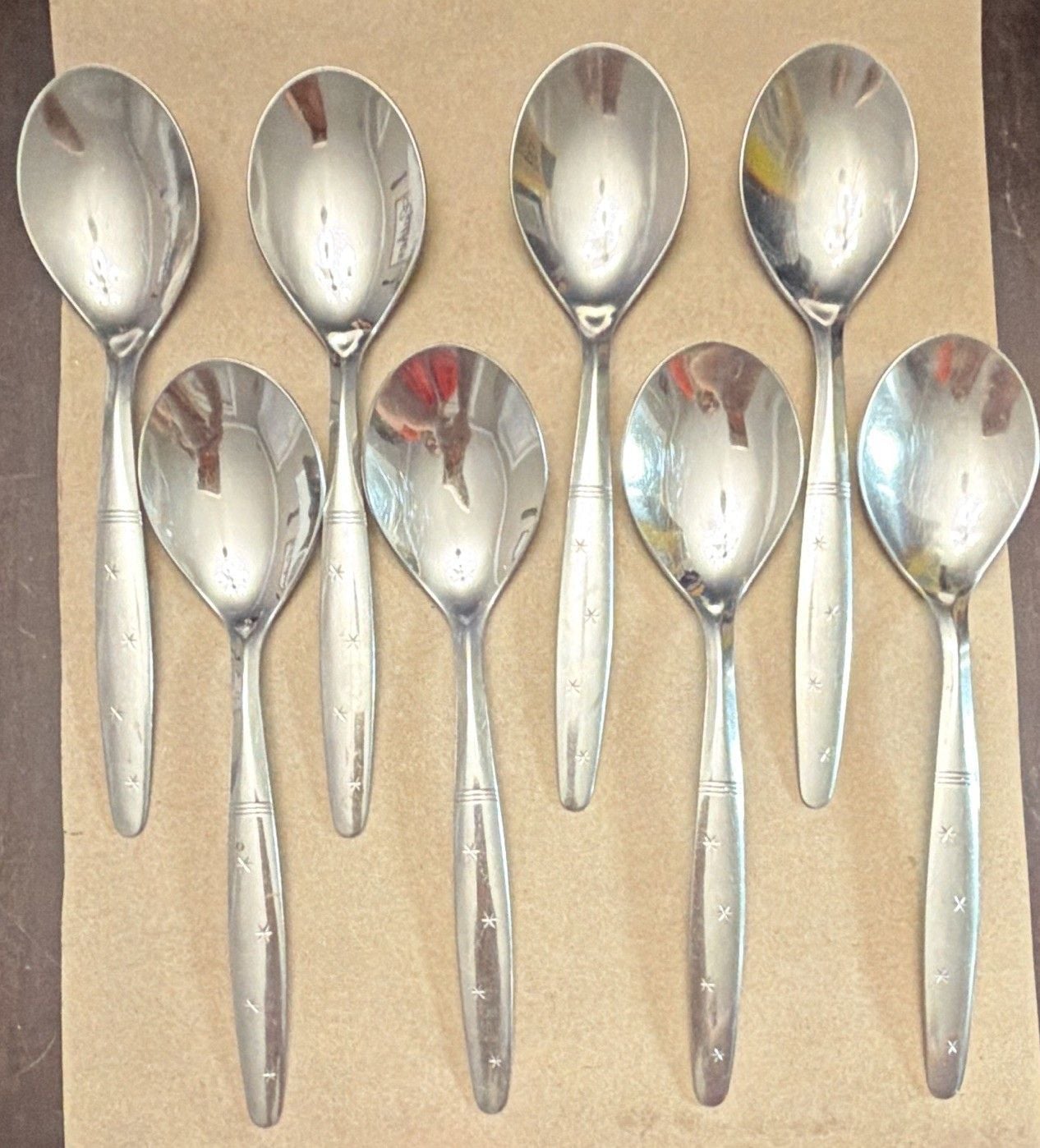 Starflyte Washington Forge Stainless Starburst Oval Soup Spoons MCM 8-pc VTG 4