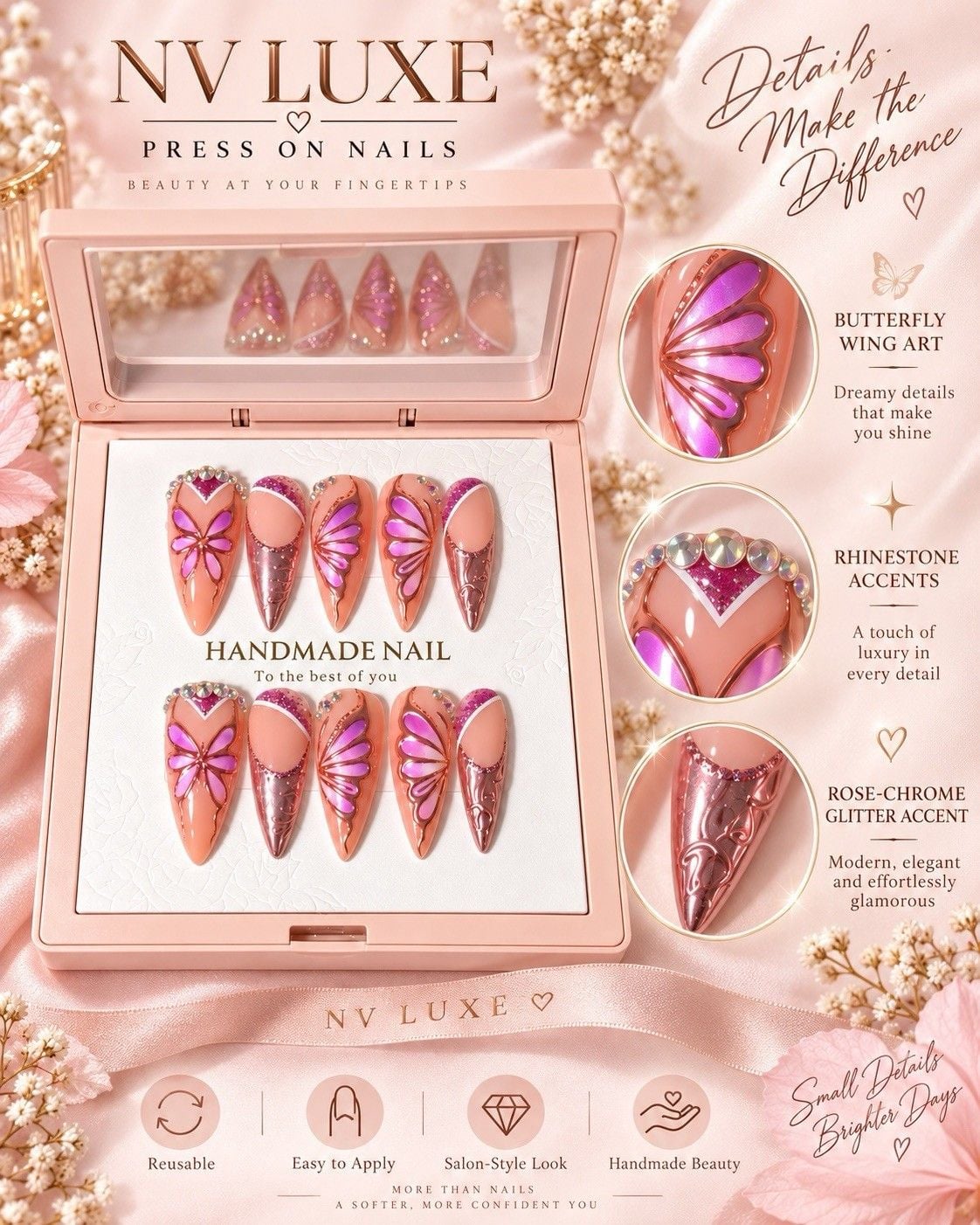 Reusable Pink Butterfly Press On Nails Size L Long Stiletto Rhinestone Set #004 2