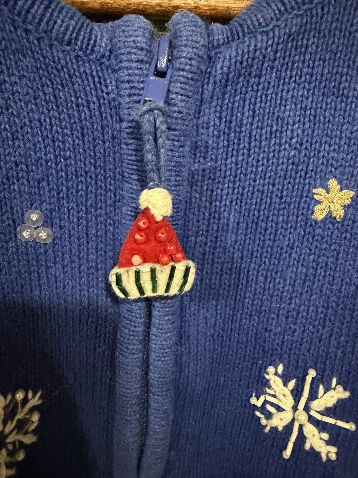 vintage heirloom collectibles Snowman Christmas Cardigan Sweater Blue Zip Sz L 4
