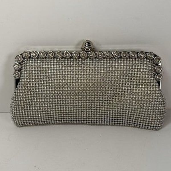 Silver Rhinestone Shimmer Sparkle Clutch Evening Bag With Long Chain Strap