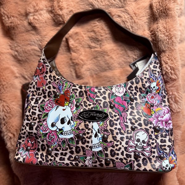 Ed Hardy Leopard Print Skull Tattoo Shoulder Bag Studded Y2K Purse NWT