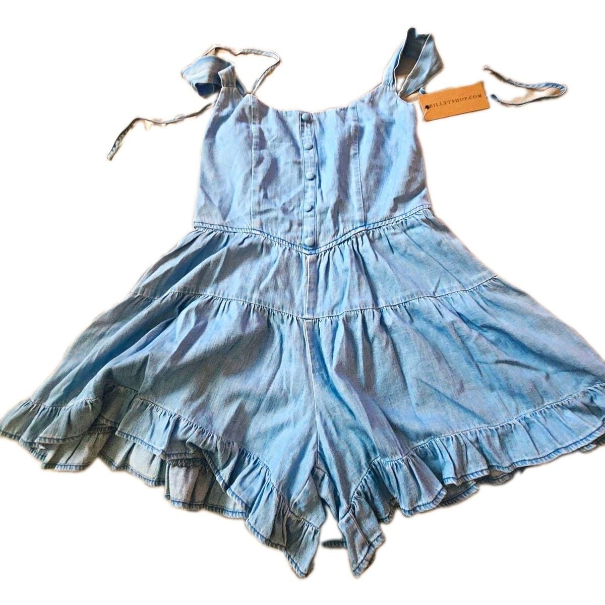 Billy T Women’s Blue Denim Flutter Smocked Romper S Regular Square Neck Button 2
