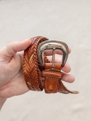 Talbots Vintage Brown Braided Woven Leather Belt Silver Western Buckle Boho LRG 8