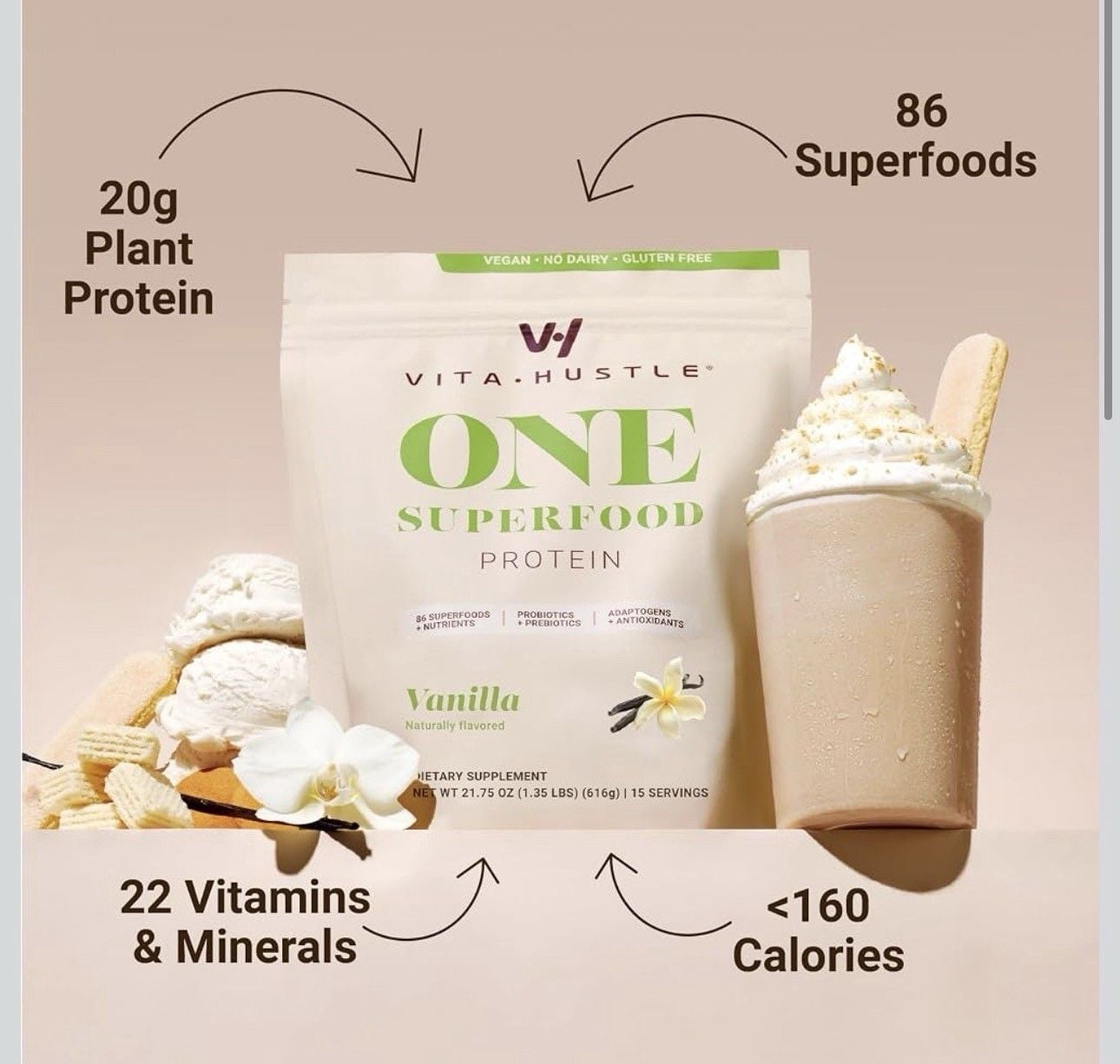 VitaHustle ONE Vegan Protein Powder, Vanilla 2