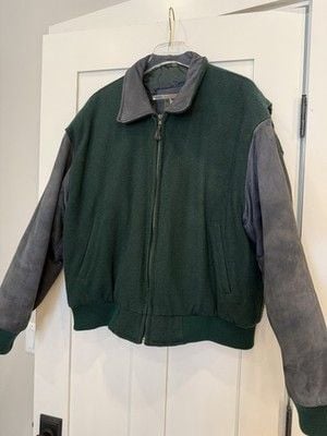 Vintage Field and Stream Bomber Jacket Mens Large Green Wool & Blue Suede 3