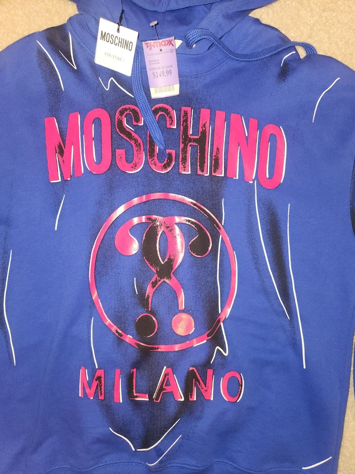 Moschino Men’s L Blue Pullover Hooded Fleece Hoodie Graphic Print Logo NWT 3
