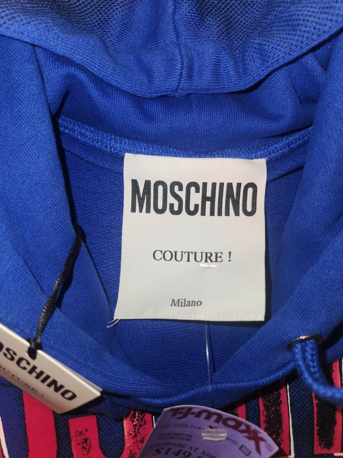Moschino Men’s L Blue Pullover Hooded Fleece Hoodie Graphic Print Logo NWT 6