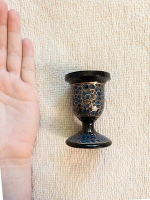 Vintage Kashmiri Paper Machê Candle Holder Hand Painted Lacquer Blue Gold Floral 2