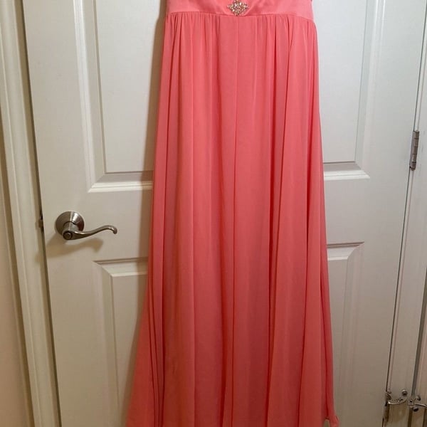 Mori Lee Pink Strapless Sweetheart Chiffon Maxi Gown
