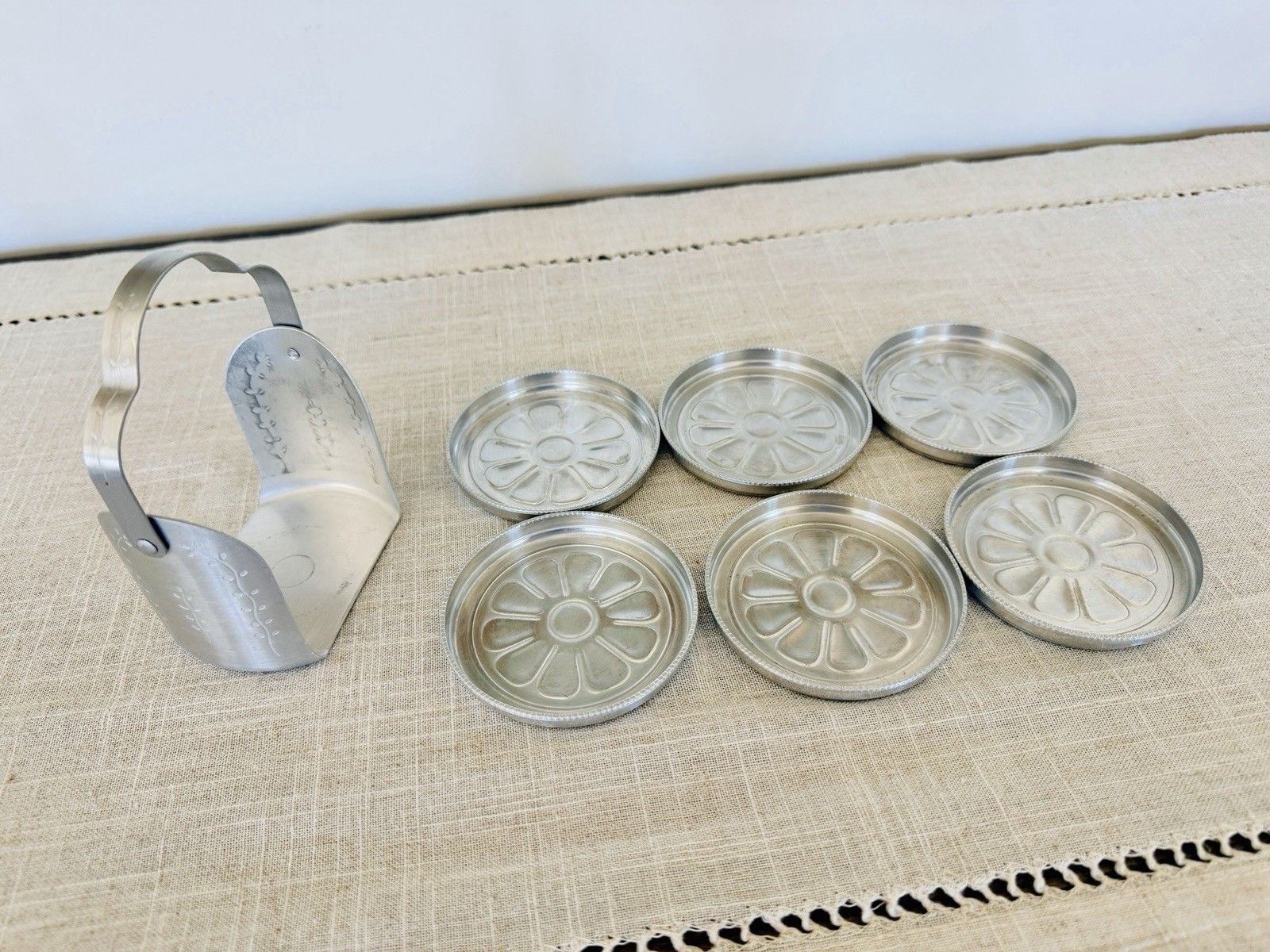 Vintage Aluminum Coaster Set of 8 Floral Embossed Metal Holder MCM Barware 6