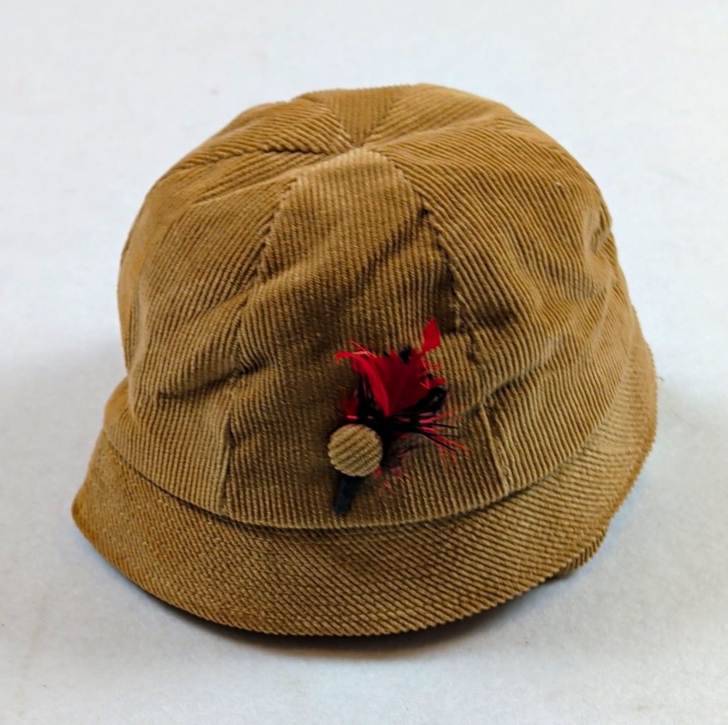 Child's Brown Corduroy Cloche Hat w/ Feather Accent Lined 3